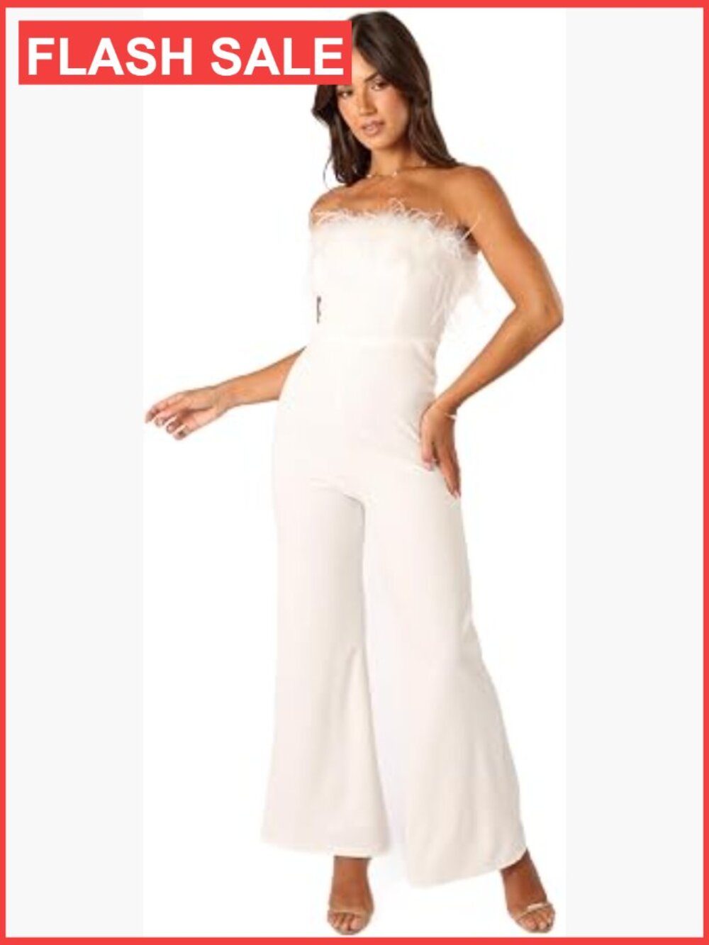 Strapless Wide Leg Jumpsuit with Feather Trim | Small